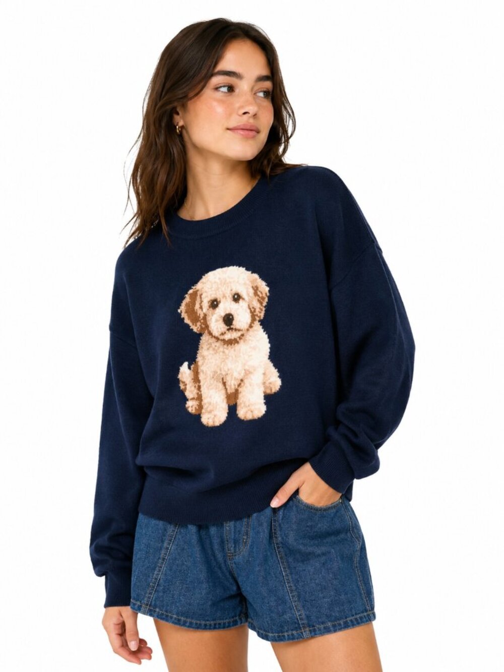 NWT Le Lis Navy Goldendoodle Dog Crew Neck Sweater Small